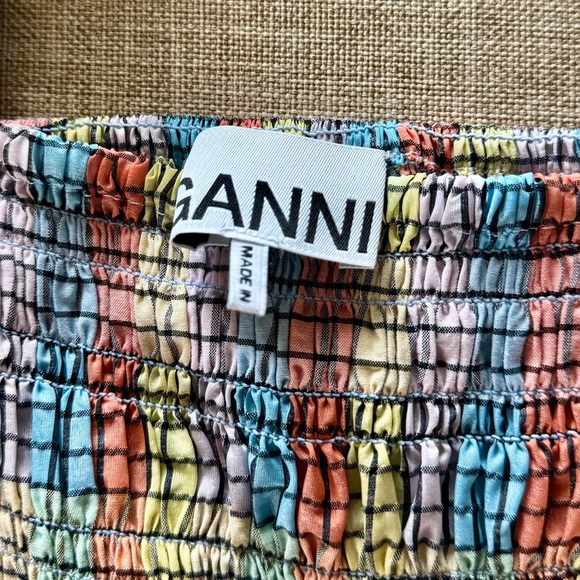 Ganni Puff Sleeve Smocked Top Pastel Rainbow Plaid | IT32, S - Picture 5 of 5